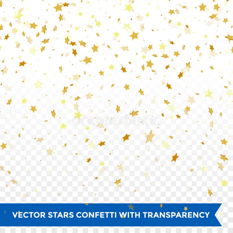 Gold star confetti rain festive holiday background. Vector golden paper foil stars falling down isolated on transparent background. Gold star confetti rain festive holiday background. Vector golden paper foil stars falling down isolated on transparent background