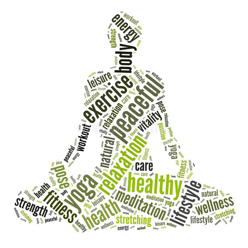 Yoga position info-text graphics arrangement and words cloud. Health and well-being concept. Yoga position info-text graphics arrangement and words cloud. Health and well-being concept