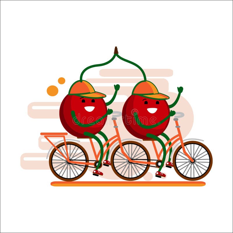 De grappige rode kersen in kappen berijden een fiets achter elkaar De illustratie van het beeldverhaal Vector royalty-vrije illustratie De grappige rode kersen in kappen berijden een fiets achter elkaar De illustratie van het beeldverhaal Vector royalty-vrije illustratie