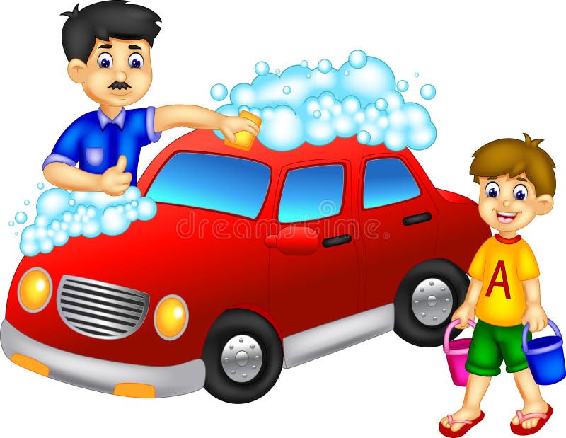 De grappige vader en zoonsauto van de beeldverhaalwas met het glimlachen stock illustratie De grappige vader en zoonsauto van de beeldverhaalwas met het glimlachen stock illustratie