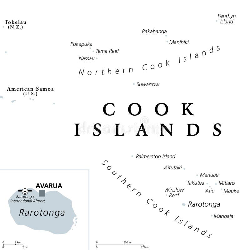 De grijze politieke kaart van de kookeilanden met de hoofdstad avarua