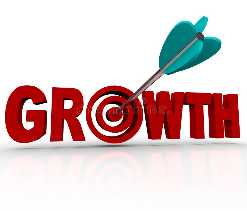 An arrow hits a target bulls-eye inside the word Growth, symbolizing the hitting of a goal for increase or improvement in business or personal life. An arrow hits a target bulls-eye inside the word Growth, symbolizing the hitting of a goal for increase or improvement in business or personal life