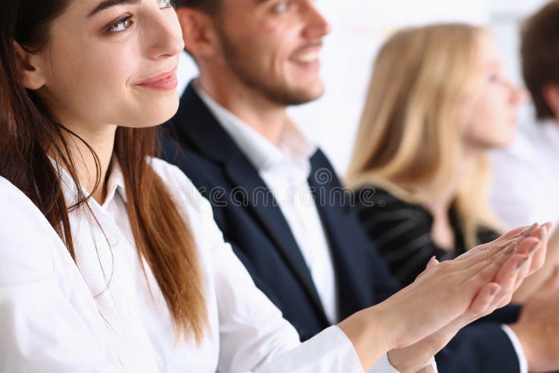 Group of people clap their arm in row during seminar portrait. Great news, brief achievement, win deal, good job, happy birthday, employee introduce party, positive welcome, effective speech concept. Group of people clap their arm in row during seminar portrait. Great news, brief achievement, win deal, good job, happy birthday, employee introduce party, positive welcome, effective speech concept