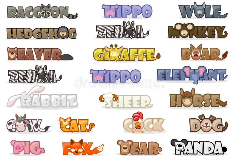 De grote dieren van de de tekstnaam van het reeks leuke beeldverhaal, grappige doopvont stock illustratie De grote dieren van de de tekstnaam van het reeks leuke beeldverhaal, grappige doopvont stock illustratie
