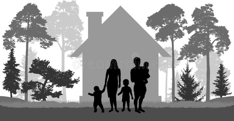De grote huiselijke man, de vrouw en drie kinderen zijn dichtbij het huis stock illustratie De grote huiselijke man, de vrouw en drie kinderen zijn dichtbij het huis stock illustratie
