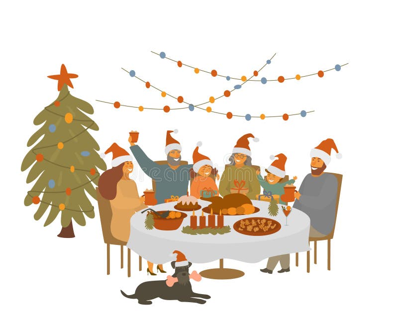 De grote leuke beeldverhaalfamilie, de oudersgrootouders en de kinderen verzamelen zich bij Kerstmislijst, vierend Kerstmisvoorav stock illustratie De grote leuke beeldverhaalfamilie, de oudersgrootouders en de kinderen verzamelen zich bij Kerstmislijst, vierend Kerstmisvoorav stock illustratie