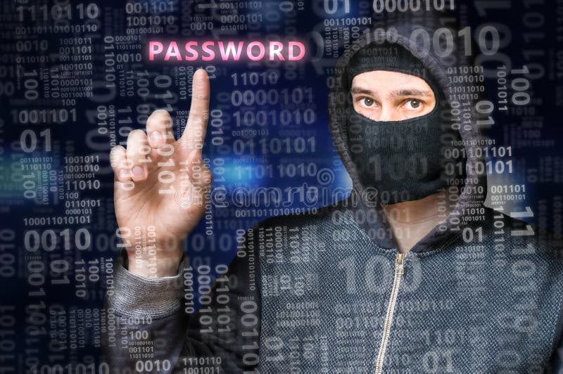 Hacker in anonymous mask is searching for password in binary code. Hacker in anonymous mask is searching for password in binary code.