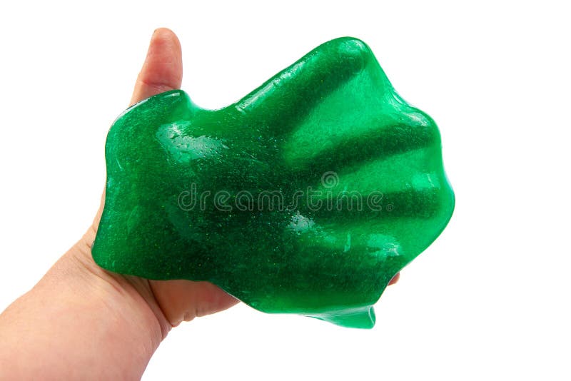 De hand die transparante die green houden schittert slijm op wit wordt geïsoleerd stock foto's De hand die transparante die green houden schittert slijm op wit wordt geïsoleerd stock foto's