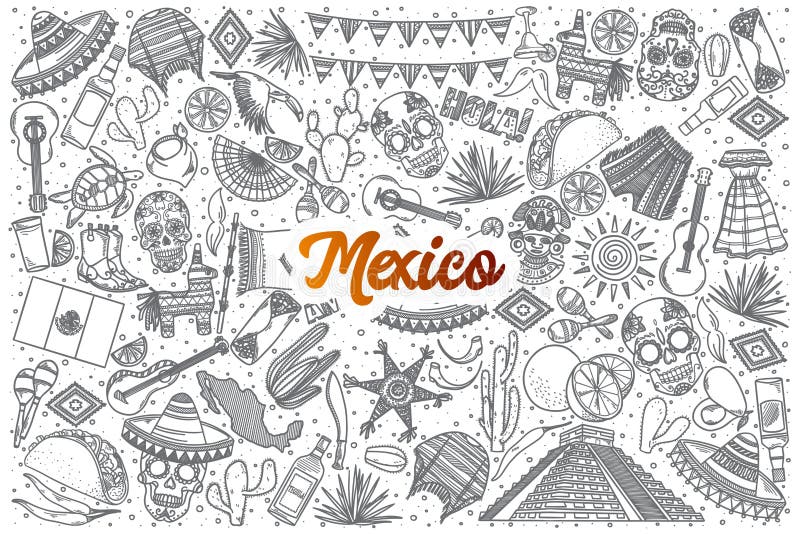 De hand getrokken die krabbel van Mexico met het van letters voorzien wordt geplaatst stock illustratie De hand getrokken die krabbel van Mexico met het van letters voorzien wordt geplaatst stock illustratie