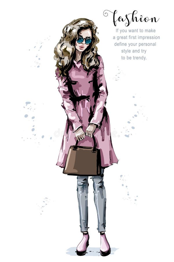 De hand getrokken mooie jonge zak van de vrouwenholding Het modieuze meisje van het blondehaar in zonnebril De maniervrouw kijkt royalty-vrije illustratie De hand getrokken mooie jonge zak van de vrouwenholding Het modieuze meisje van het blondehaar in zonnebril De maniervrouw kijkt royalty-vrije illustratie