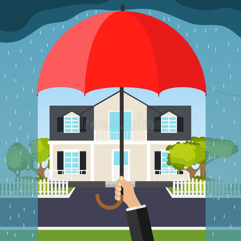 De hand houdt een paraplu over het huis Het concept huisveiligheid stock illustratie De hand houdt een paraplu over het huis Het concept huisveiligheid stock illustratie