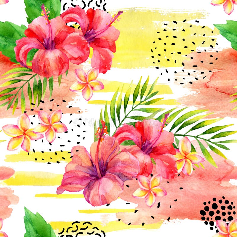 De hand schilderde waterverf tropische bladeren en bloemen op de droge ruwe achtergrond van de borstelslag stock illustratie De hand schilderde waterverf tropische bladeren en bloemen op de droge ruwe achtergrond van de borstelslag stock illustratie