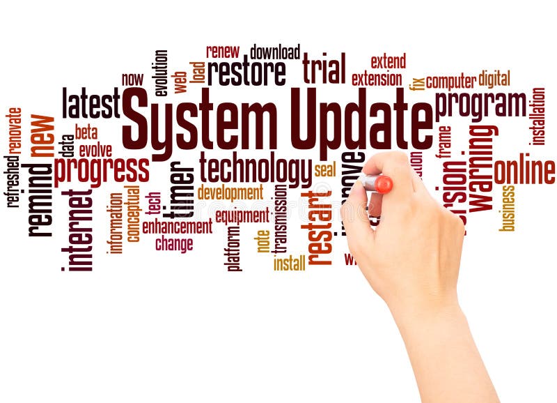 De hand van de het woordwolk van de systeemupdate het schrijven concept stock foto's De hand van de het woordwolk van de systeemupdate het schrijven concept stock foto's