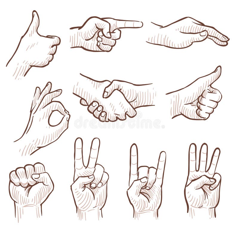 De handen die van de de schetsmens van de handtekening verschillende gebaren vectorreeks tonen stock illustratie De handen die van de de schetsmens van de handtekening verschillende gebaren vectorreeks tonen stock illustratie
