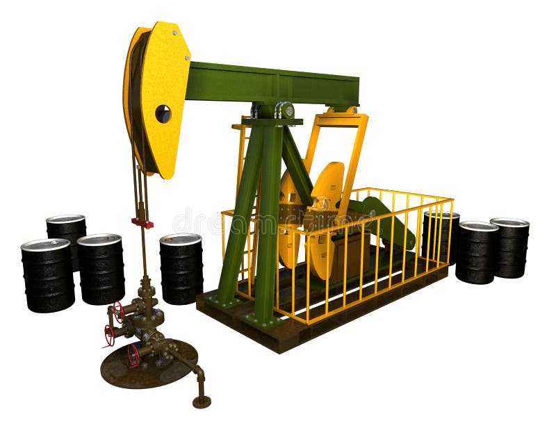 3D illustration depicting isolated view of a pump jack, wellhead and oil drums. 3D illustration depicting isolated view of a pump jack, wellhead and oil drums