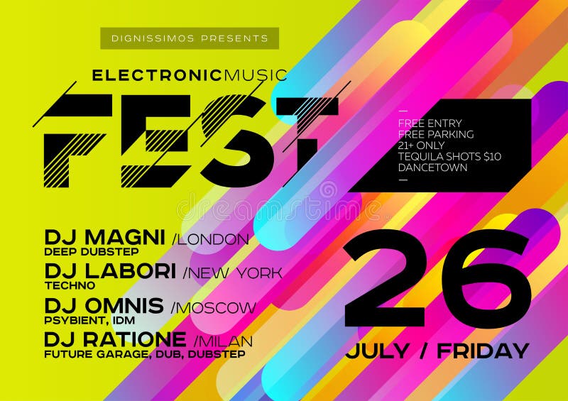 De heldere Affiche van DJ voor Openlucht Elektronische Muziekdekking voor de Zomer stock illustratie De heldere Affiche van DJ voor Openlucht Elektronische Muziekdekking voor de Zomer stock illustratie