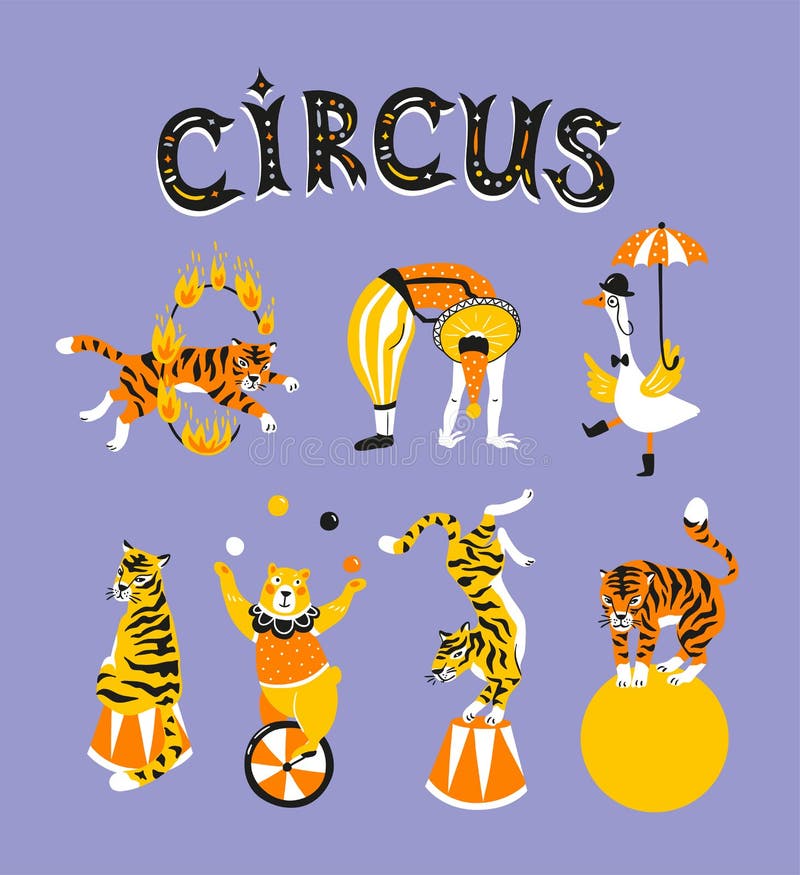 De heldere elementen van het circusontwerp - acrobaten, opgeleide dieren en tekst - `-circus ` Vector illustratie royalty-vrije illustratie De heldere elementen van het circusontwerp - acrobaten, opgeleide dieren en tekst - `-circus ` Vector illustratie royalty-vrije illustratie