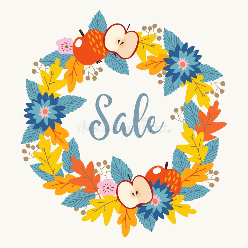 De herfst, de affiche van de dalingsverkoop met hand getrokken bloemendiekroon van kleurrijke eiken bladeren, bessen, bloemen en stock illustratie De herfst, de affiche van de dalingsverkoop met hand getrokken bloemendiekroon van kleurrijke eiken bladeren, bessen, bloemen en stock illustratie