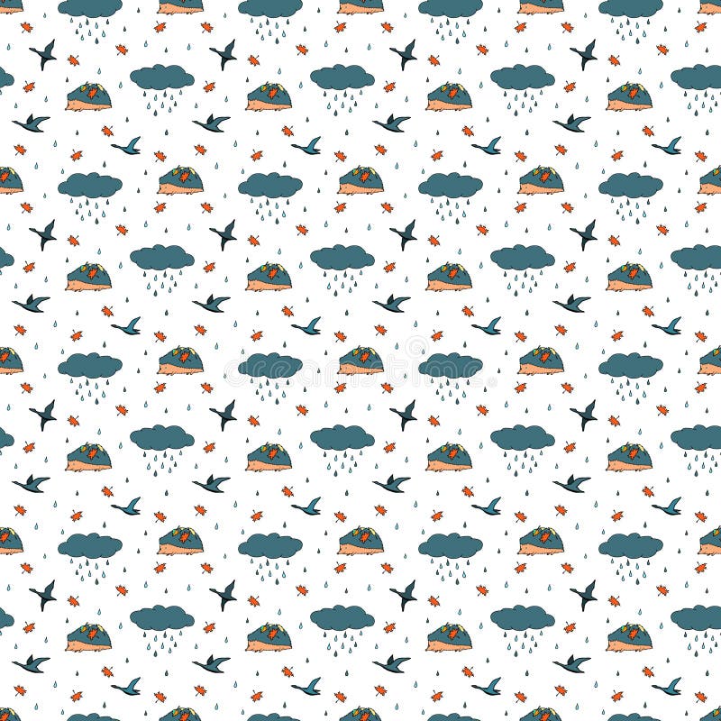 De herfst naadloos patroon met regen, wolk, vogels, egel Kleurrijke schets Vector illustratie stock illustratie De herfst naadloos patroon met regen, wolk, vogels, egel Kleurrijke schets Vector illustratie stock illustratie
