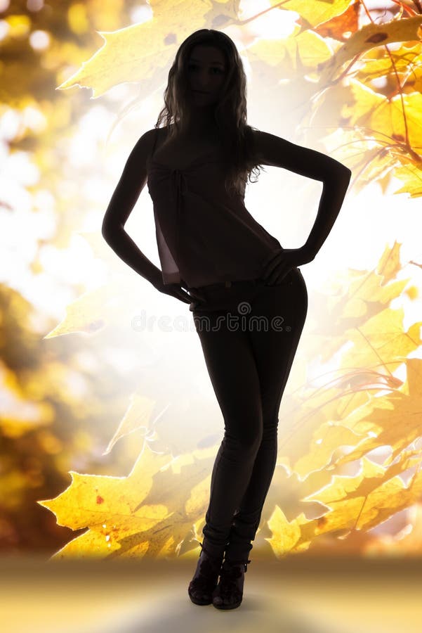 De herfstdame over gouden bladerenachtergrond stock foto De herfstdame over gouden bladerenachtergrond stock foto
