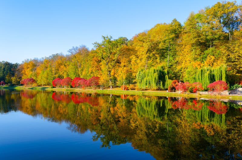 De herfstlandschap met een meermening over een de herfstmiddag stock foto De herfstlandschap met een meermening over een de herfstmiddag stock foto