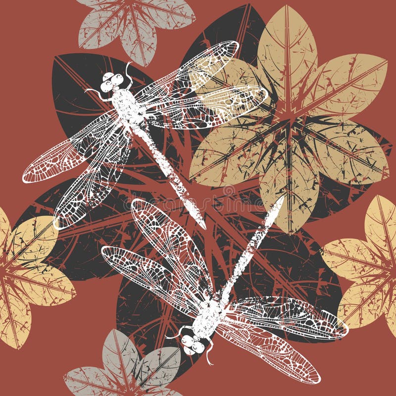 De herfstpatroon met bloemen en libel stock illustratie De herfstpatroon met bloemen en libel stock illustratie
