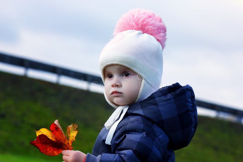 De herfstportret van een leuk meisje in een donker jasje In de handen van een boeket van gele bladeren Zonnige de herfstdag stock fotografie De herfstportret van een leuk meisje in een donker jasje In de handen van een boeket van gele bladeren Zonnige de herfstdag stock fotografie