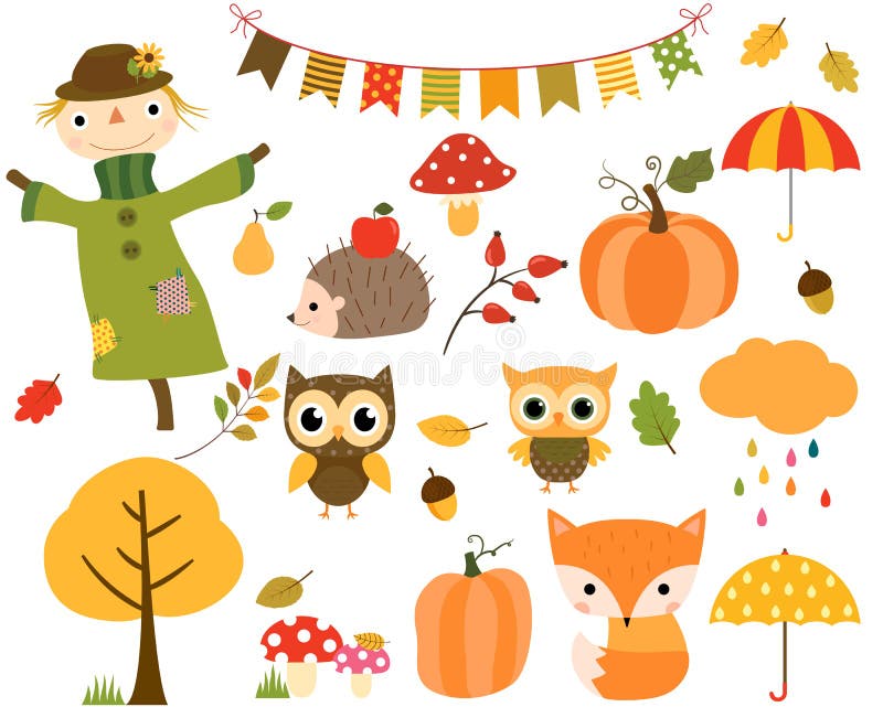 De herfstreeks ontwerpelementen en beeldverhaaldieren stock illustratie De herfstreeks ontwerpelementen en beeldverhaaldieren stock illustratie