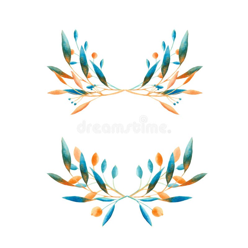 De herfstwaterverf met blauwe en oranje bladeren, paddestoelen, bessen wordt geplaatst die vector illustratie De herfstwaterverf met blauwe en oranje bladeren, paddestoelen, bessen wordt geplaatst die vector illustratie
