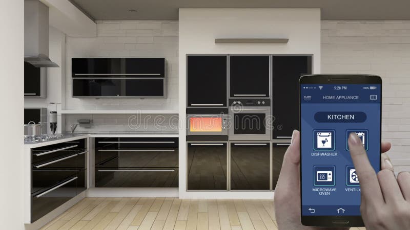 De het Huistoestellen van de keukenruimte controleren in mobiele toepassing, slimme telefoon, energie - besparingsefficiency, ove