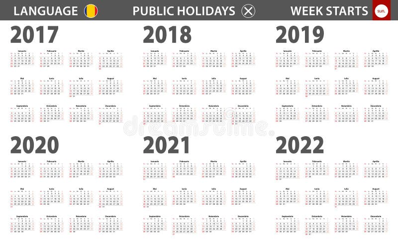 Subsidie Plantage Maak een naam De Het Jaarkalender Van 2017-2022 in Roemeense Taal, Week Begint Van Zondag  Vector Illustratie - Illustration of taal, maand: 150032858