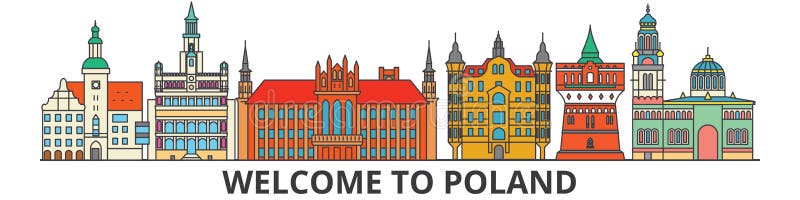 De het overzichtshorizon van Polen, poetst vlakke dunne lijnpictogrammen, oriëntatiepunten, illustraties op Cityscape van Polen, royalty-vrije illustratie De het overzichtshorizon van Polen, poetst vlakke dunne lijnpictogrammen, oriëntatiepunten, illustraties op Cityscape van Polen, royalty-vrije illustratie