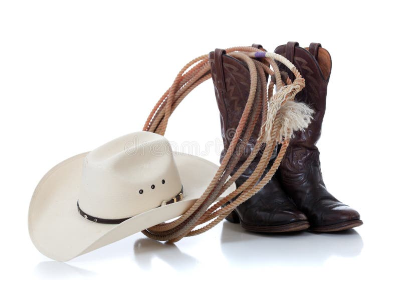 De hoed, de laarzen en de lasso van de cowboy op wit