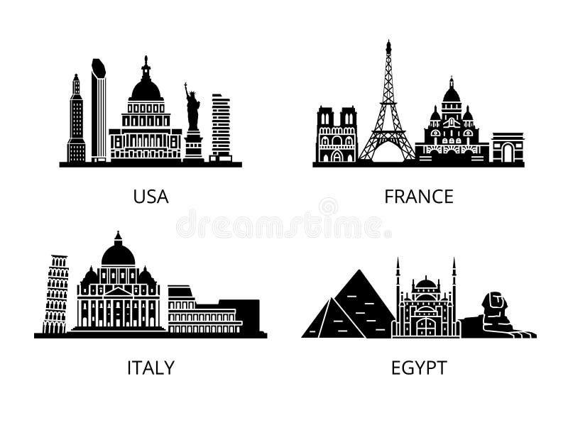 De hoge reeks van de het silhouetstencil van detailoriëntatiepunten Wereldlanden stock illustratie De hoge reeks van de het silhouetstencil van detailoriëntatiepunten Wereldlanden stock illustratie