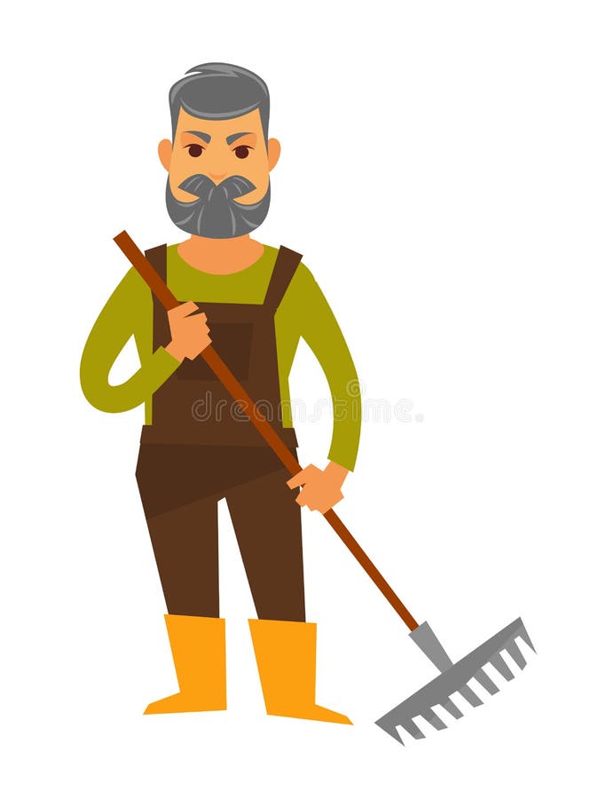 De hogere die mens in bruine algemeen wordt geïsoleerd houdt hark stock illustratie De hogere die mens in bruine algemeen wordt geïsoleerd houdt hark stock illustratie