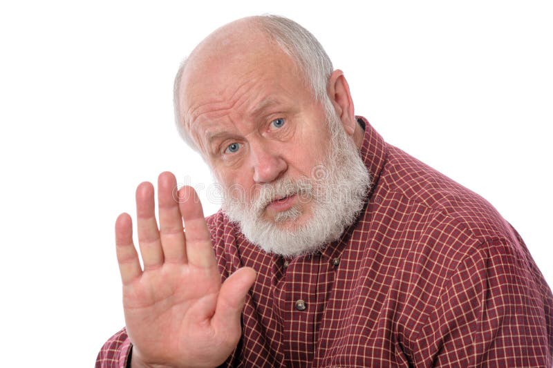De hogere die mens toont Bespreking aan het handgebaar, op wit wordt geïsoleerd stock afbeeldingen De hogere die mens toont Bespreking aan het handgebaar, op wit wordt geïsoleerd stock afbeeldingen