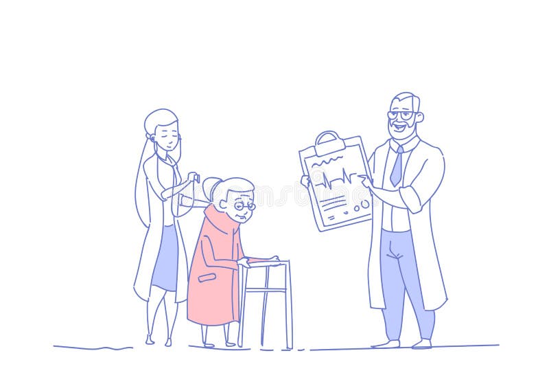 De hogere vrouwen medisch overleg artsen groeperen gepensioneerde in horizontale de krabbel van de het conceptenschets van de het vector illustratie De hogere vrouwen medisch overleg artsen groeperen gepensioneerde in horizontale de krabbel van de het conceptenschets van de het vector illustratie