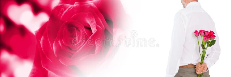 Digital composite of Valentines man holding roses with love hearts background. Digital composite of Valentines man holding roses with love hearts background