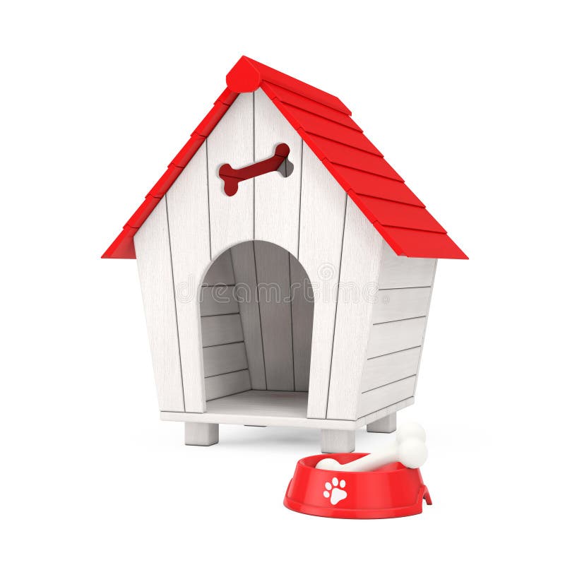 De hond kauwt Been in Rode Plastic Kom voor Hond voor het Houten Huis van de Beeldverhaalhond het 3d teruggeven royalty-vrije stock fotografie De hond kauwt Been in Rode Plastic Kom voor Hond voor het Houten Huis van de Beeldverhaalhond het 3d teruggeven royalty-vrije stock fotografie