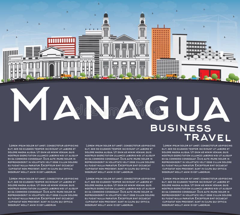 De Horizon van Managua met Gray Buildings, Blauwe Hemel en Exemplaarruimte stock illustratie De Horizon van Managua met Gray Buildings, Blauwe Hemel en Exemplaarruimte stock illustratie