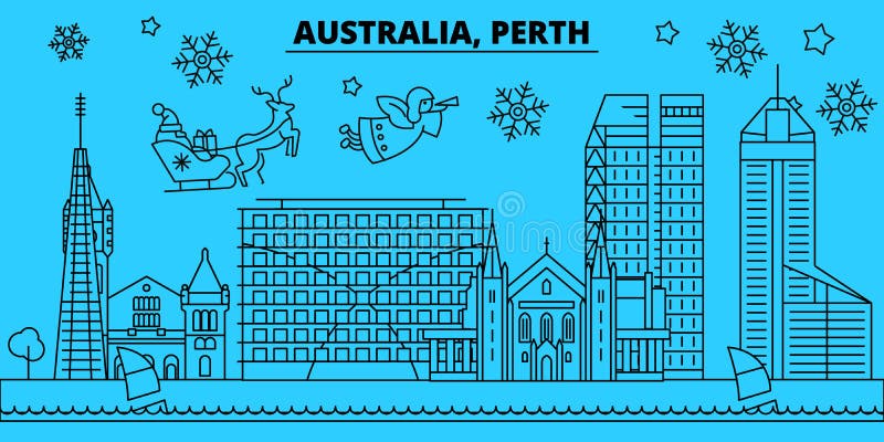 De horizon van de de wintervakantie van Australië, Perth Vrolijke Kerstmis, Gelukkige Nieuwjaar verfraaide banner met Santa Claus vector illustratie De horizon van de de wintervakantie van Australië, Perth Vrolijke Kerstmis, Gelukkige Nieuwjaar verfraaide banner met Santa Claus vector illustratie