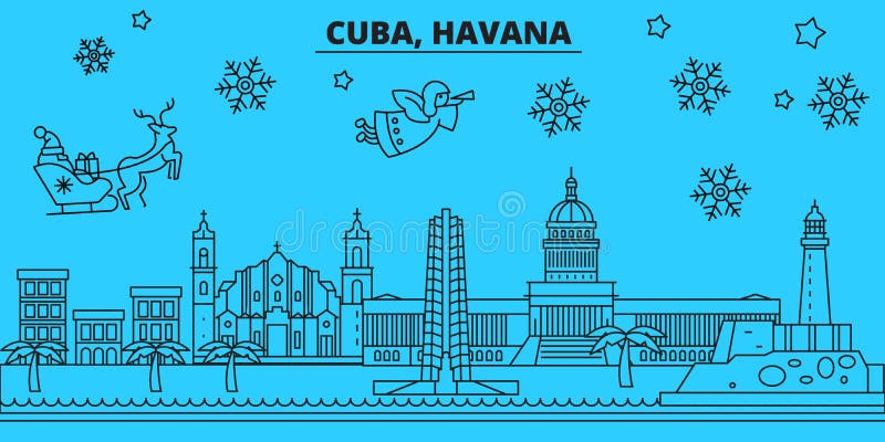 De horizon van de de wintervakantie van Cuba, Havana Vrolijke Kerstmis, Gelukkige Nieuwjaar verfraaide banner met Santa Claus Cub stock illustratie De horizon van de de wintervakantie van Cuba, Havana Vrolijke Kerstmis, Gelukkige Nieuwjaar verfraaide banner met Santa Claus Cub stock illustratie