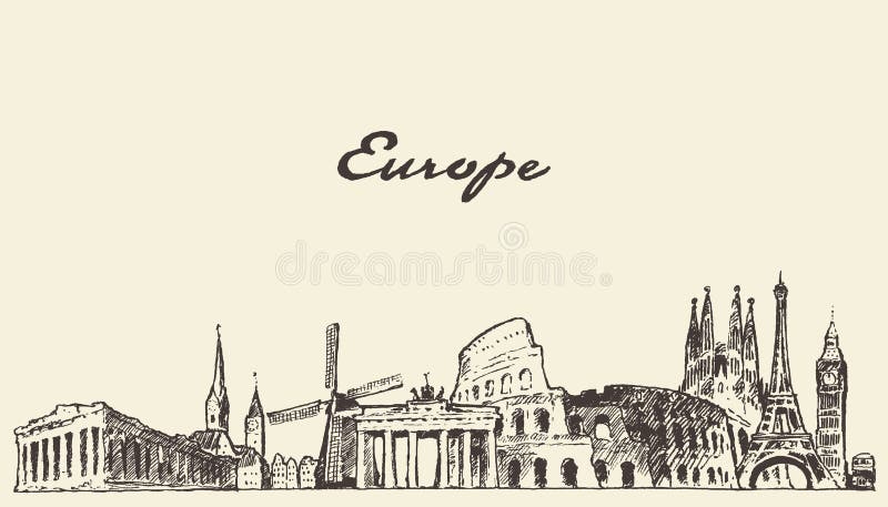 De horizon vectorillustratie getrokken schets van Europa vector illustratie De horizon vectorillustratie getrokken schets van Europa vector illustratie