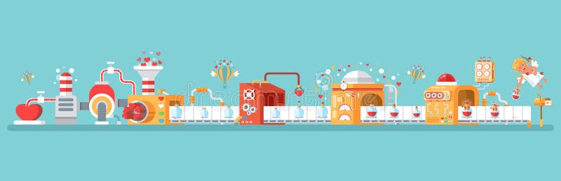 De horizontale illustratie van geïsoleerde transportband om liefdedrankje te creëren viert Gelukkige Valentijnskaartendag in vlak stock illustratie De horizontale illustratie van geïsoleerde transportband om liefdedrankje te creëren viert Gelukkige Valentijnskaartendag in vlak stock illustratie