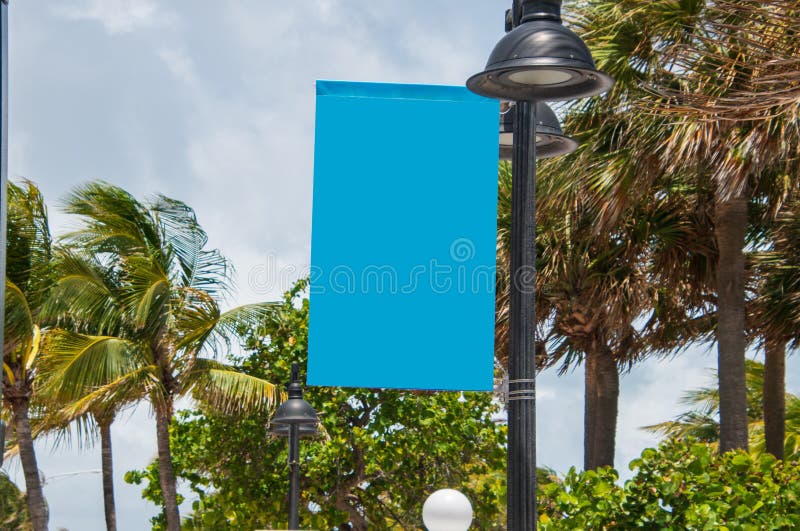 De horizontale mening van een leeg hemel blauw teken maakte aan een lamppost vast met palmen en donkere hemel op de achtergrond royalty-vrije stock afbeeldingen De horizontale mening van een leeg hemel blauw teken maakte aan een lamppost vast met palmen en donkere hemel op de achtergrond royalty-vrije stock afbeeldingen