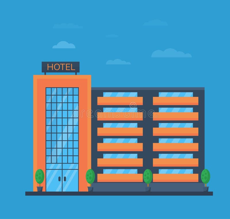 De hotelbouw of de bureaubouw voor zaken in vlakke stijl Vector illustratie stock illustratie De hotelbouw of de bureaubouw voor zaken in vlakke stijl Vector illustratie stock illustratie
