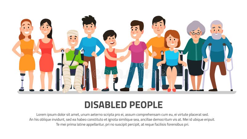 De hulp maakte persoon onbruikbaar Gelukkige onbekwaamheidsmensen, jonge student in rolstoel, gehandicapte jongen met groep vrien