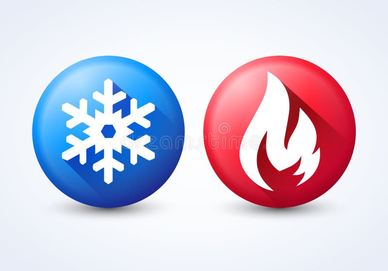 De illustratie van DruckVector moderne 3D heet en koud pictogram geplaatst met vlam en sneeuwvlok