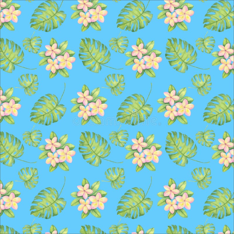 De illustratie van het waterverfpatroon, tropische bloemen, roze en gele plumeria, gaan weg stock illustratie De illustratie van het waterverfpatroon, tropische bloemen, roze en gele plumeria, gaan weg stock illustratie