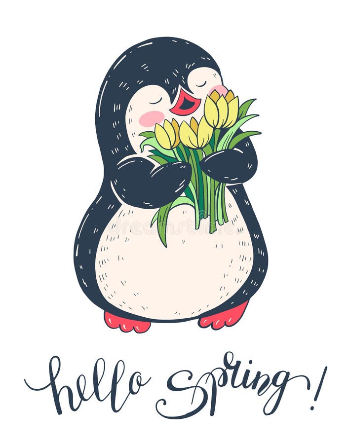 De illustratie van de lente Grappige beeldverhaalpinguïn met bloemen stock illustratie De illustratie van de lente Grappige beeldverhaalpinguïn met bloemen stock illustratie